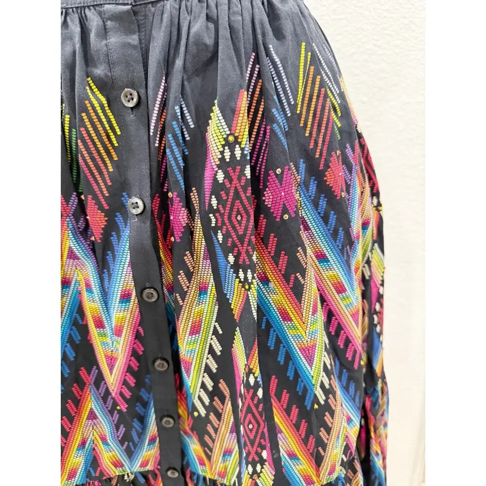 Anthropologie Tanvi Kedia Iris Tiered Midi Skirt Black Chevron Button Front XS